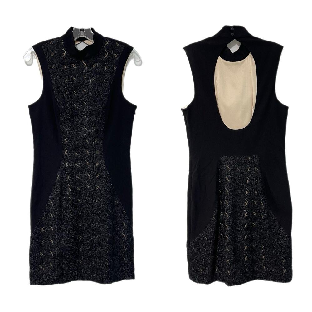 bebe Bodycon Sheath Cocktail Dress 10 Black Open Back Overlay Sleeveless Club